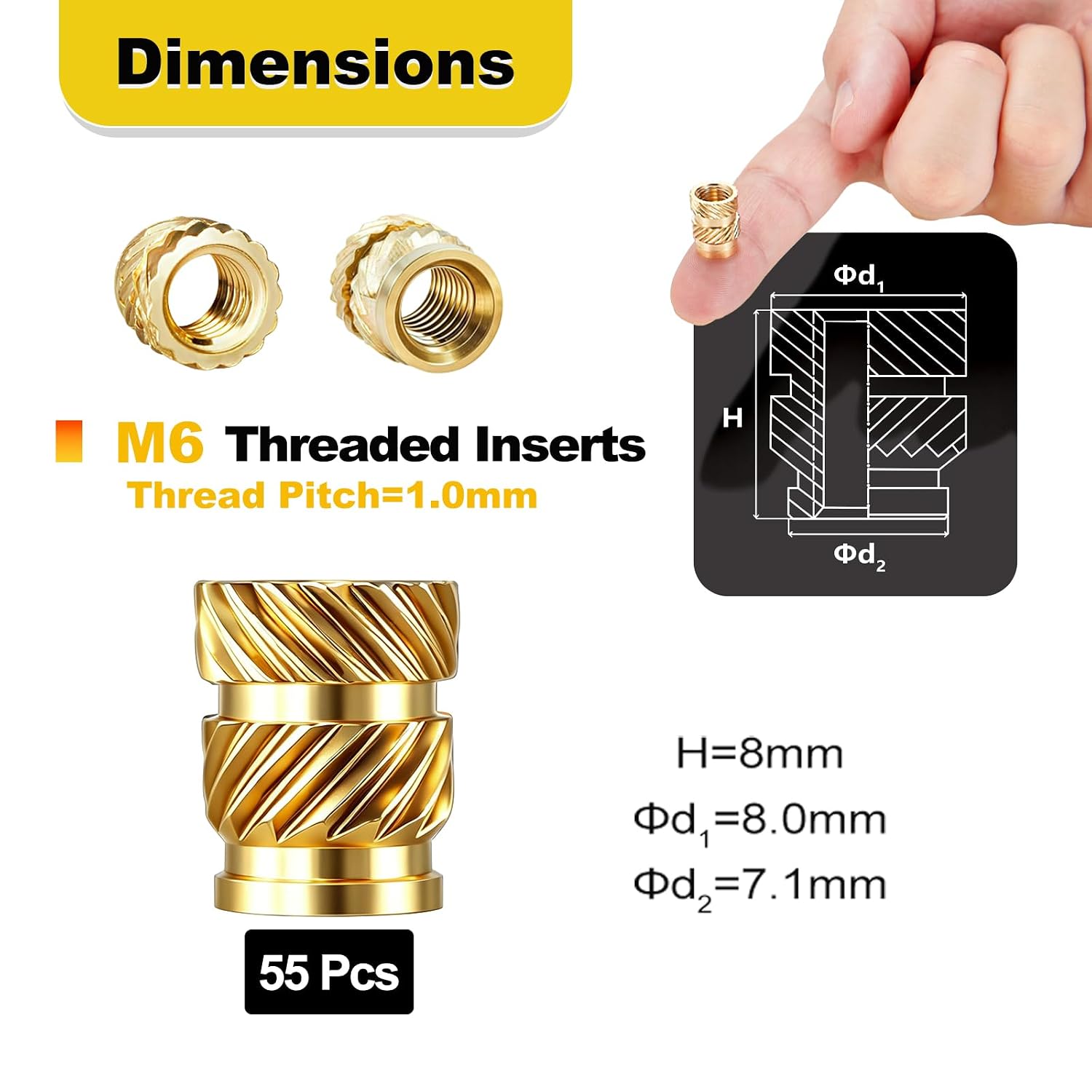 KADRICK 55PCS M6 Heat Set Inserts M6*8mm*8mm Threaded Inserts for Plastic