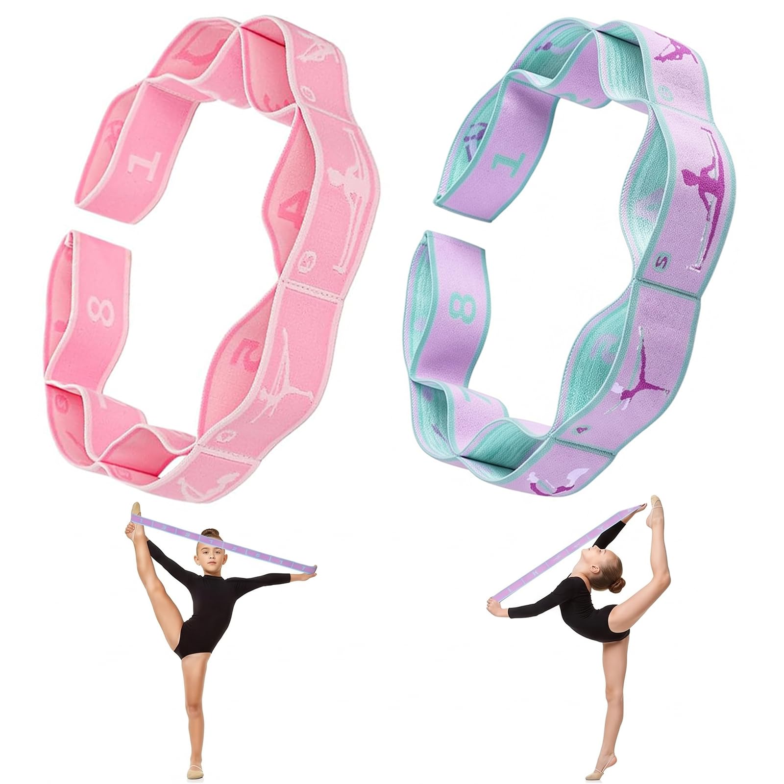 Elastici Fitness, Elastico Per Esercizi, F Band Per Camminata Metabolica, Elastico Palestra, 2 Pezzi Fasce Di Resistenza Per Yoga Con 8 Occhielli, Lilla E Rosa-Bianco, Per Pilates E Ginnastica