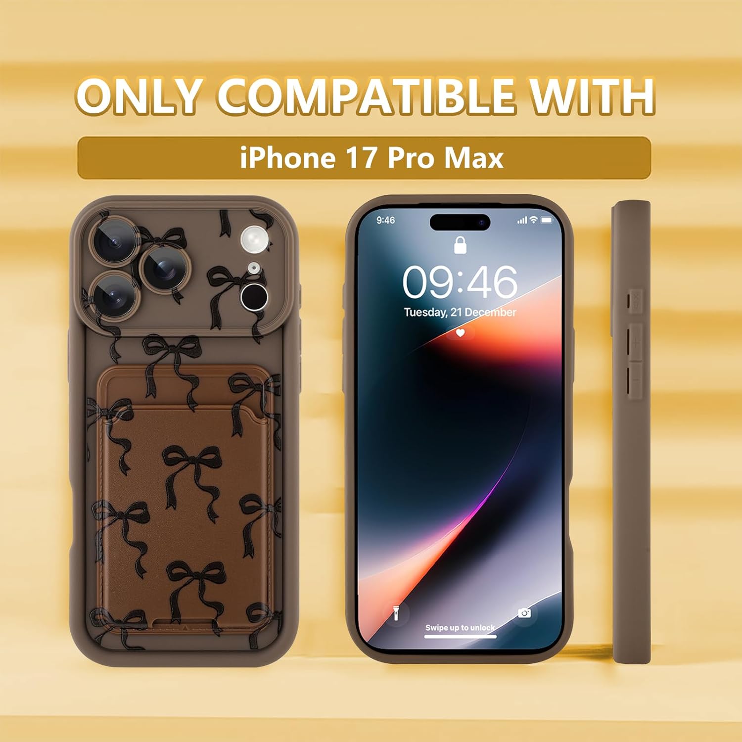 KANGHAR Case for iPhone 17 Pro Max Card Slot Phone Case, Cute Bow Design with Card Holder for Women Girls Slim Shockproof Wallet Cover-Brown - Image 2