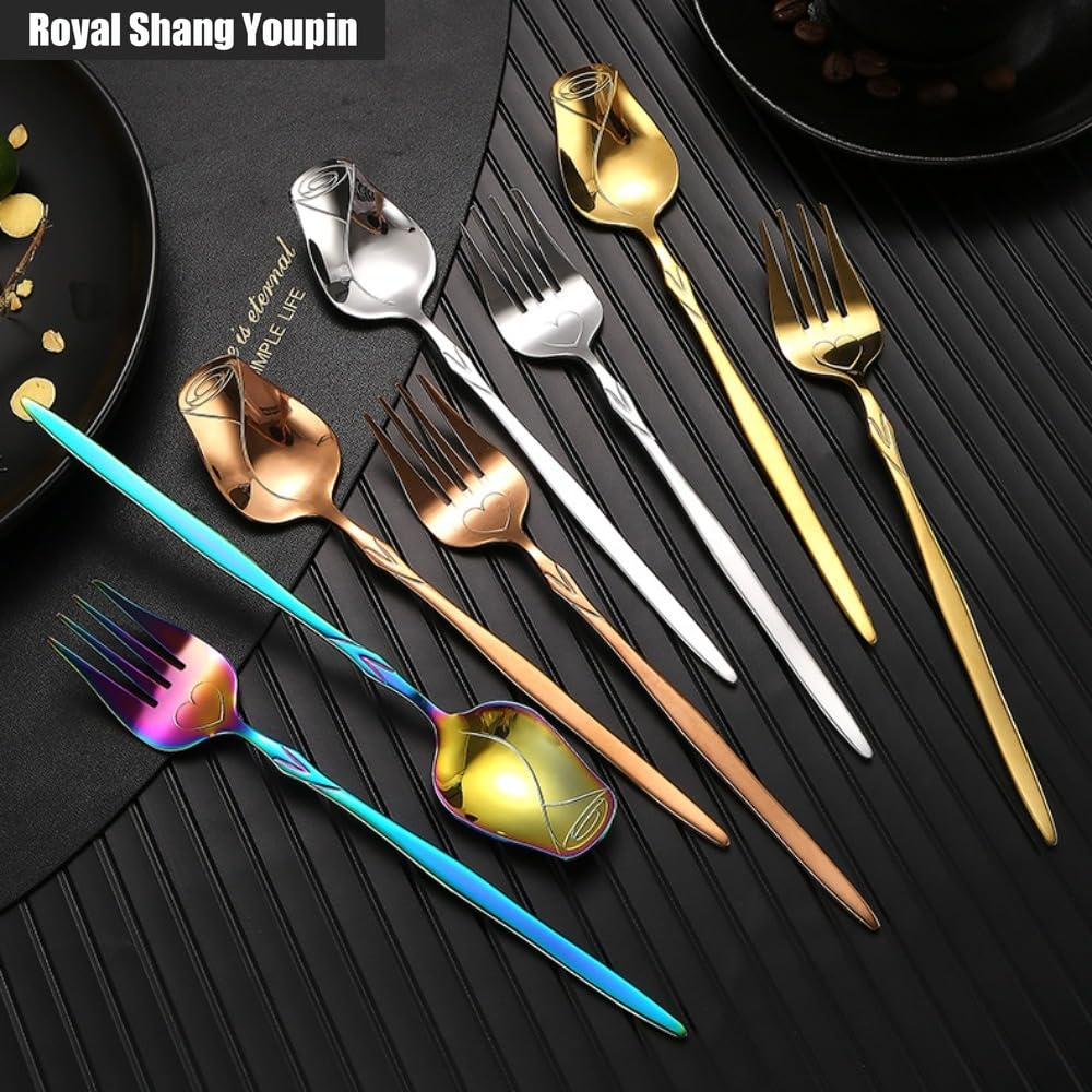 Juego de 8 cucharas y tenedores de acero inoxidable rosa, cuchara, café, postre, cuchara agitadora, cuchara de mango largo