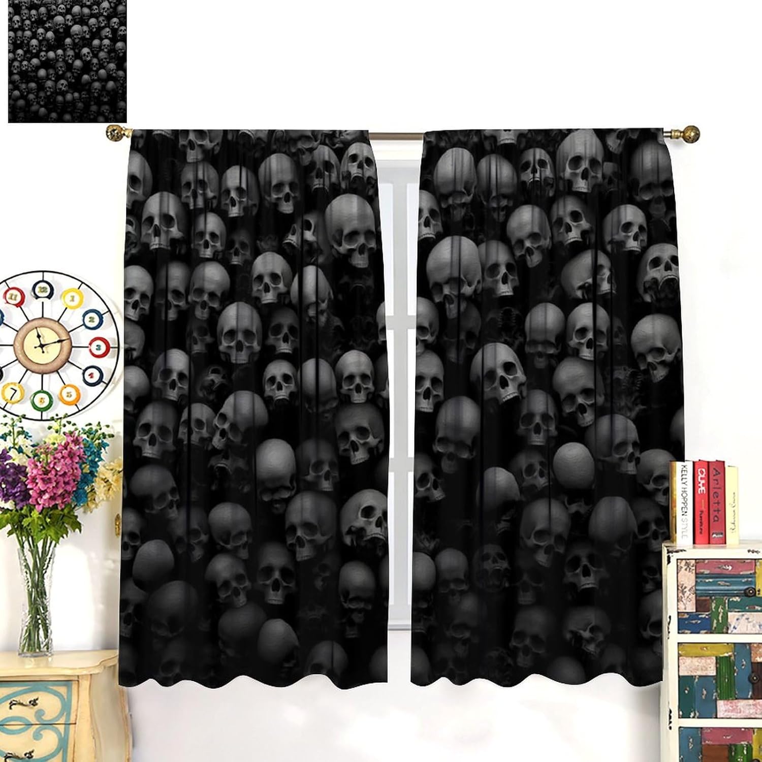 Gothic Skull Blackout Curtains，Horror Skeleton Wall Black Grey Pattern Drapes Window 2 Panel Rod Pocket Curtain for Bedroom Living Room Decor 21" W X 45" L