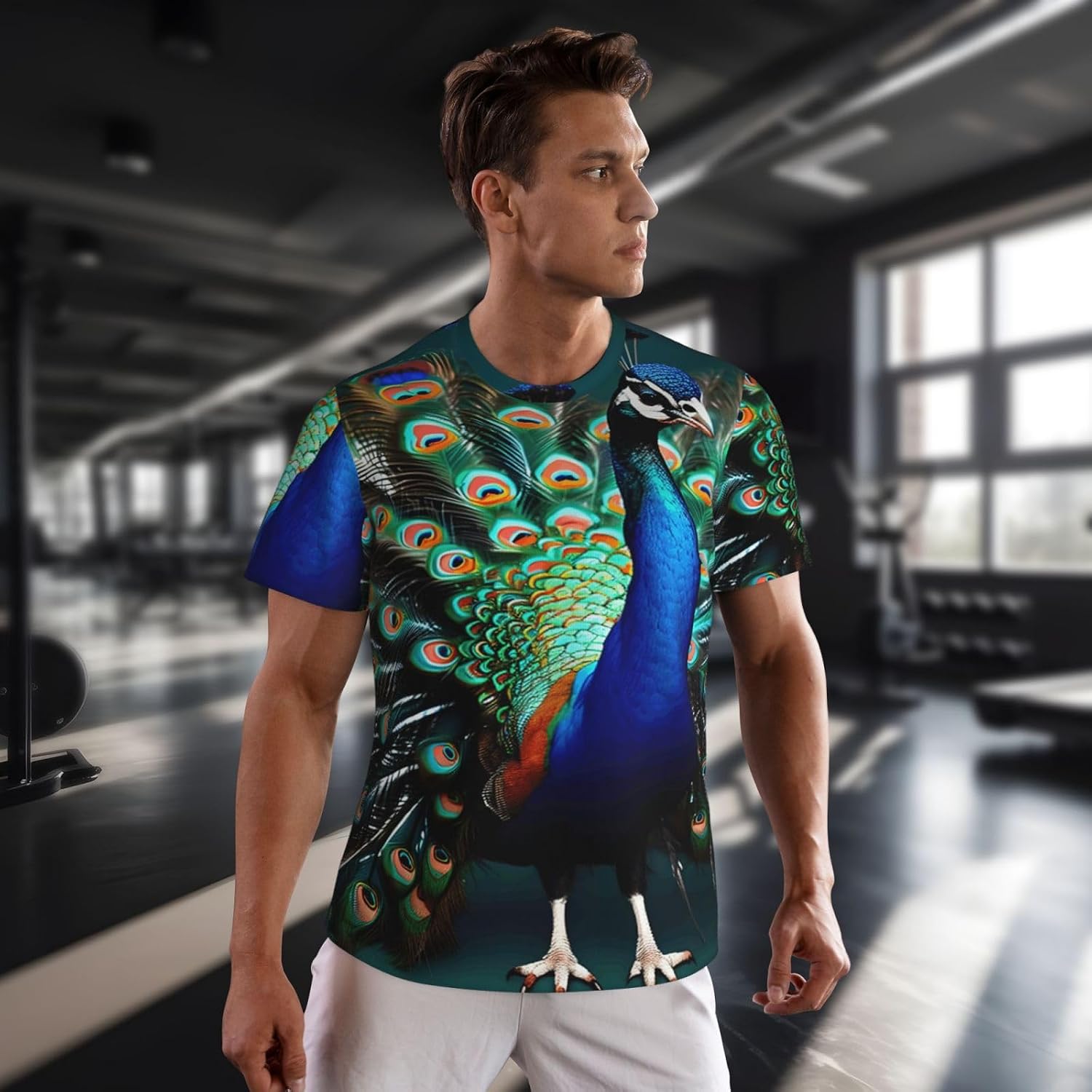 Beautiful Peacock Print Mens Short Sleeve Mesh T-Shirt Breathable Athletic Gym Running Casual Sports Wear