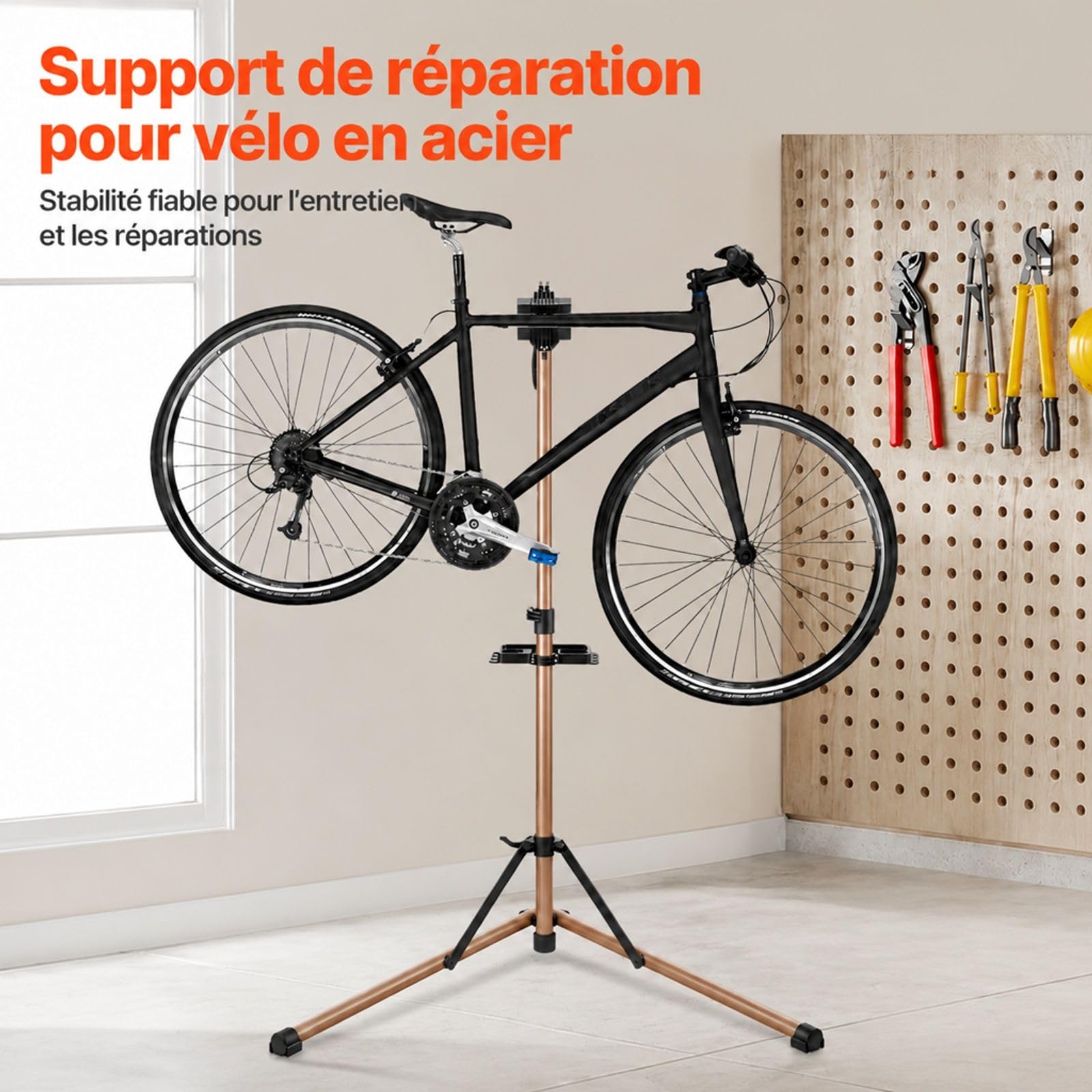 Pied d’atelier pour vélo avec support de réparation réglable et plateau à outils pour entretien de vélo