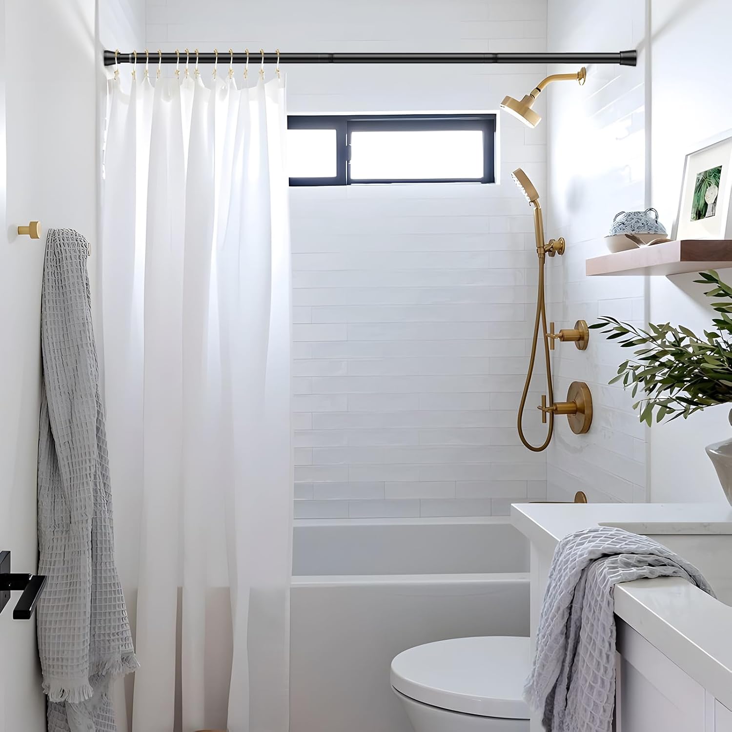 AIZESI 4PCS Black Shower Curtain Rod 30-64 Inch Adjustable Curtain Rods Never Rust & Non-Slip, No Drilling, Short Shower Rods Spring Tension Curtain Rod for Window Bathroom Doorway Closet