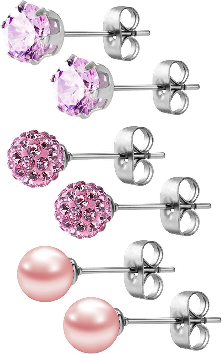 JewelrieShop Birthstone Studs Earring Set Cubic Zirconia Rhinestones Crystal Ball Faux Pearl Stainless Steel Stud Earrings for Women Jewelry Gift (6mm Round,3 Pairs)