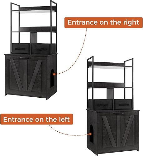 Miniatura 4 de DWANTON Caja de arena con 2 estantes de almacenamiento y 2 cajones, caja de arena oculta 2 en 1 para gatos con estante, entrada reversible, cajones