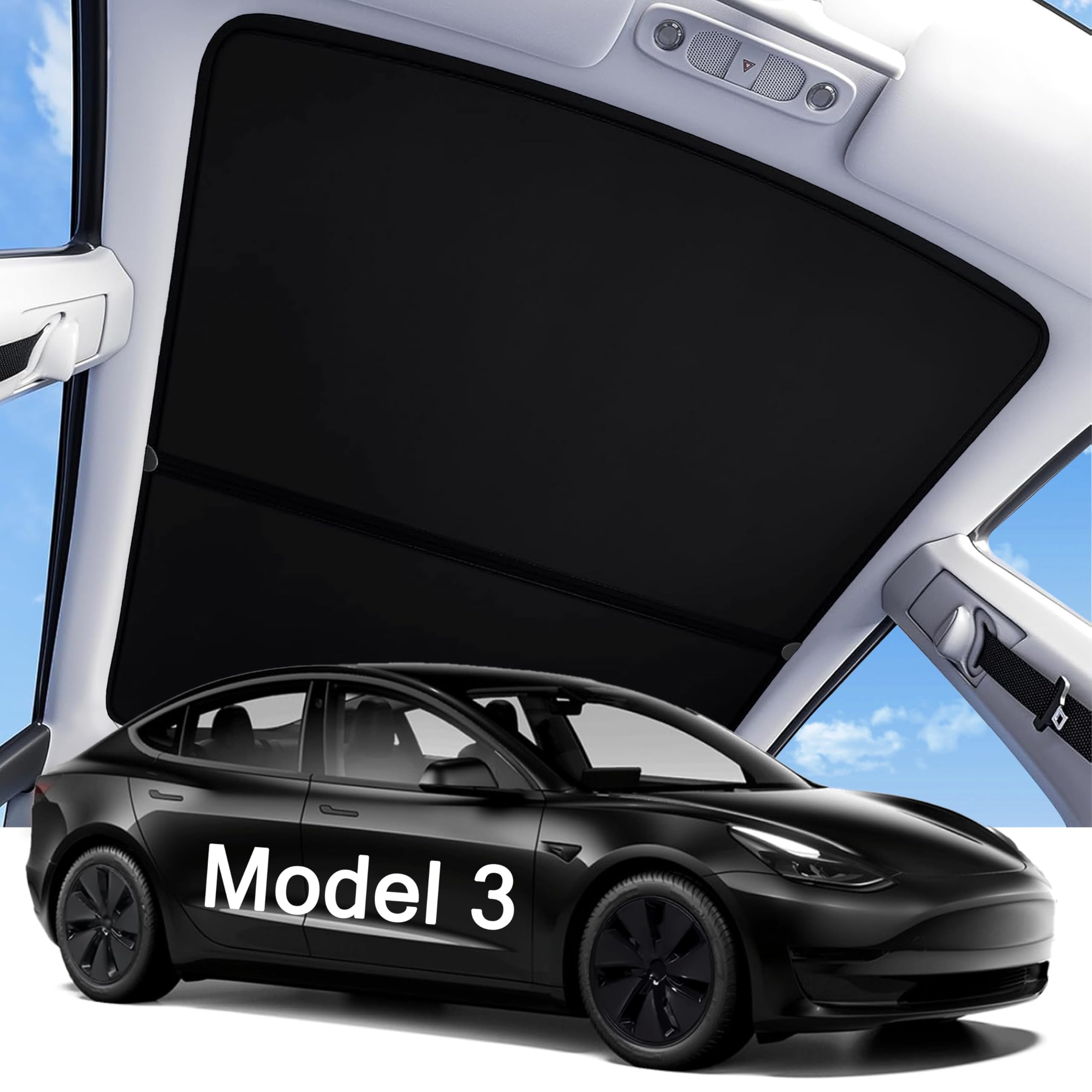 2026 Upgraded Model 3 Sunshade Roof, UPF200+ Roof Sunshade with Storage Bag, No-Sag &amp; No-Gaps Heat Insulation Foldable Glass Roof Sun Shade, Tesla Model 3 Accessories MY20-23
