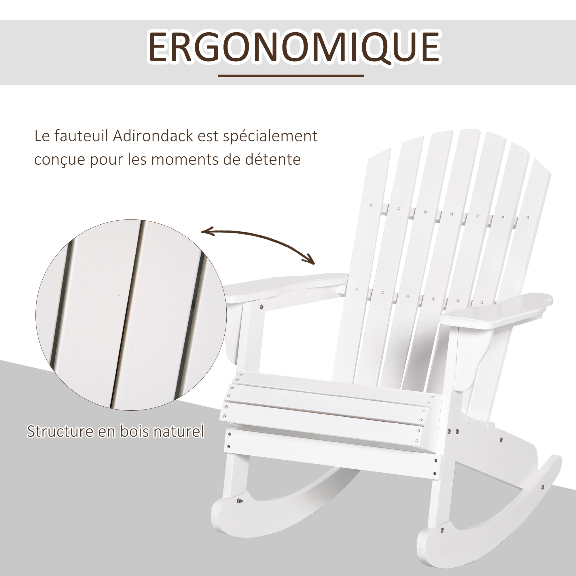 Outsunny Fauteuil de Jardin Adirondack à Bascule Rocking Chair Assise Dossier Ergonomique Style néo-rétro en Bois Massif traité Peint Blanc