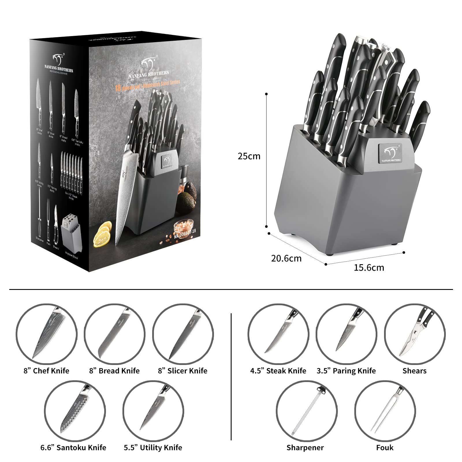 Set De Cuchillos De Cocina De Acero De Damasco Con Mangos Martillados Y Bloque De Madera, Conjunto De 18 Cuchillas De Cuchillos De Acero De Damasco Superior Cuchillo De Cocina Afilado Damasco