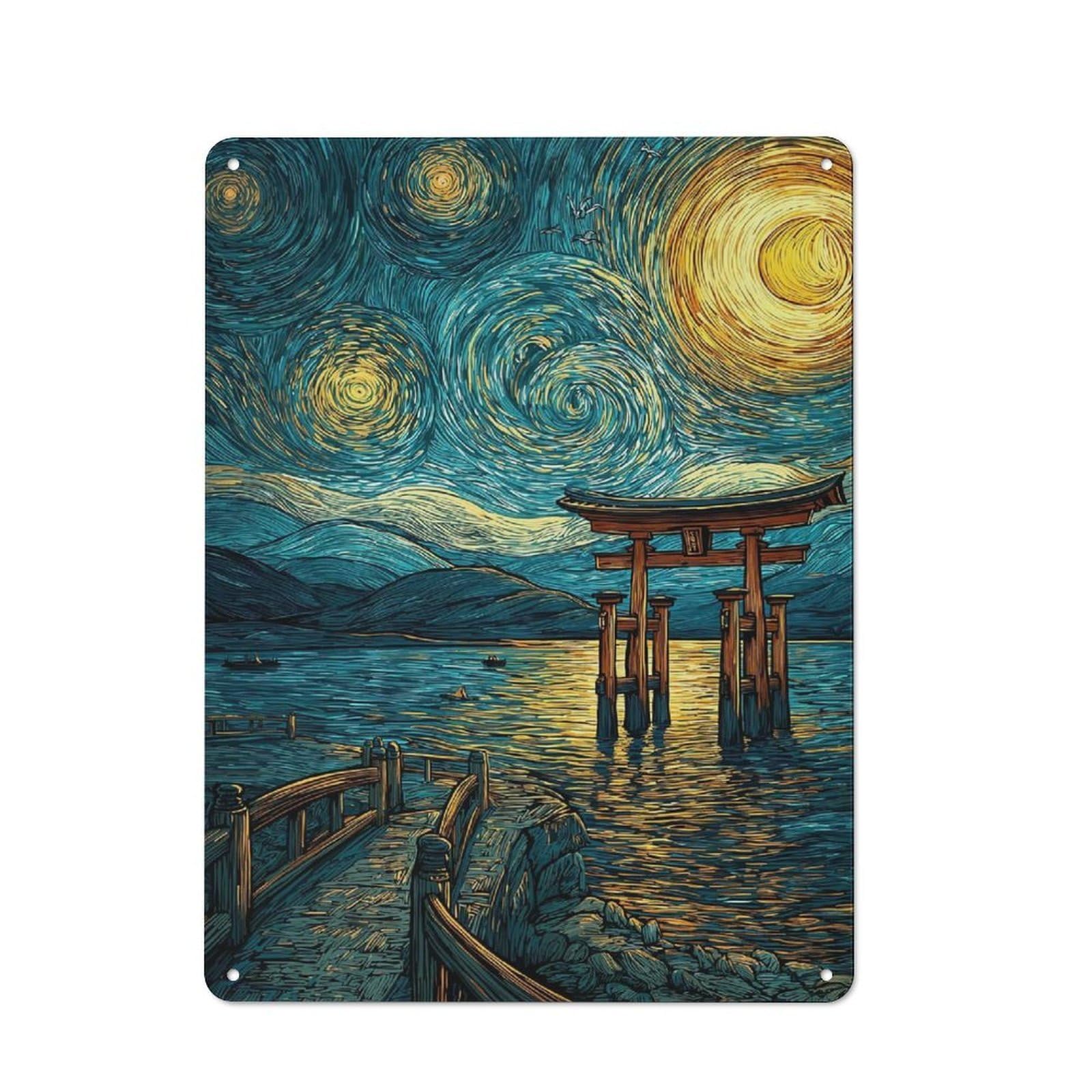 Junmoney Style-18 For Lounge Or Reading Corner, Japanese Torii Gate Starry Night Painting Vintage Metal Sign 40X30cm, For Collectors Decorating Lounges And Reading Corners