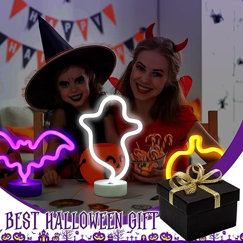 Miniatura 4 de 3 piezas de luces de neón para decoración de Halloween, lámparas LED, fantasma, calabaza, murciélago, letreros de neón decorativos a pilas con base