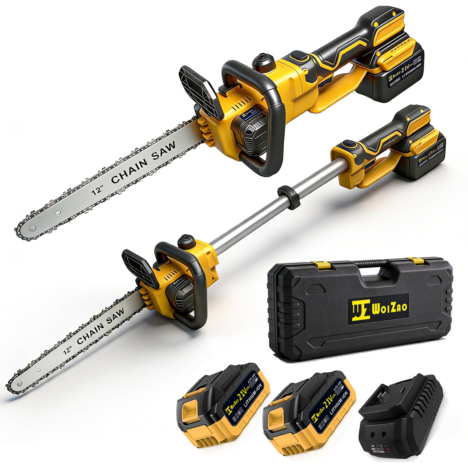 Motosega elettrica senza fili da 30,5 cm, con asta di prolunga, 21 V, senza spazzole da 30,5 cm, 2 batterie da 4,0 Ah e caricatore per taglio del legno, potatura