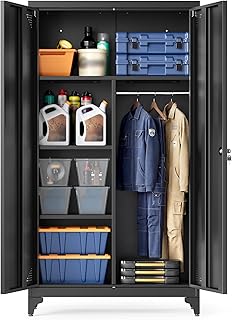 SONGMICS Mehrzweckschrank, Garderobenschrank, Aufbewahrungsschrank, Aktenschrank, Metallschrank, mit 2 Türen, 5 Fächern, Hängestange, abschließbar, hohe Füße, 80 x 40 x 165 cm, Mattschwarz OMC018BD01