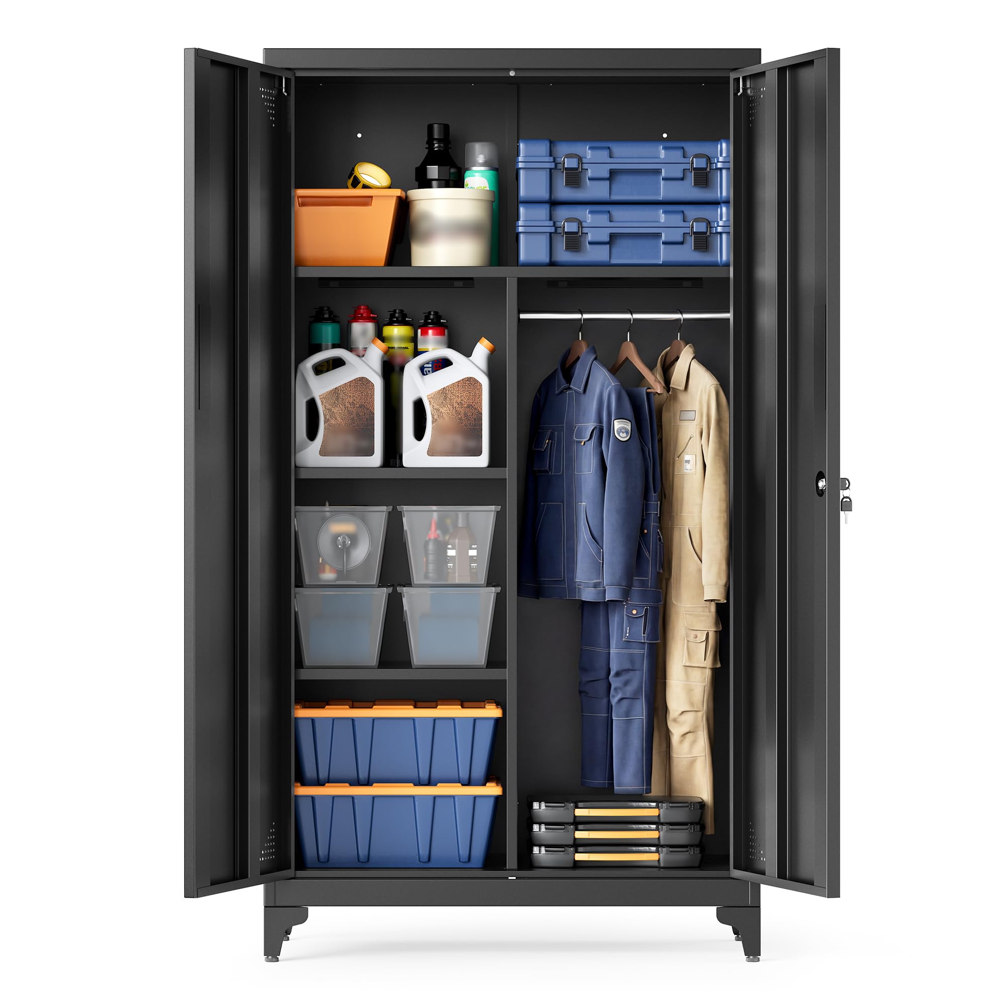 SONGMICS Mehrzweckschrank, Garderobenschrank, Aufbewahrungsschrank, Aktenschrank, Metallschrank, mit 2 Türen, 5 Fächern, Hängestange, abschließbar, hohe Füße, 80 x 40 x 165 cm, Mattschwarz OMC018BD01