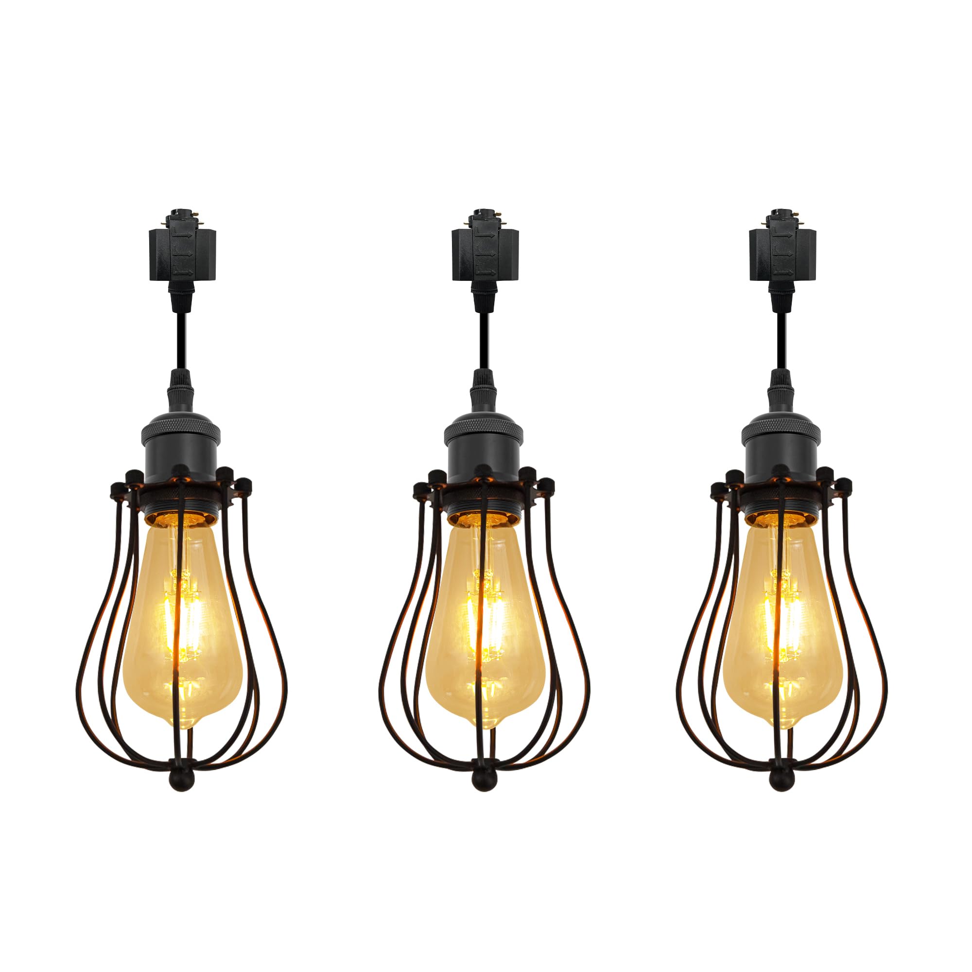 Kiven H-Type Track Lighting, 3-Light Industrial Halo Track Lighting Pendants with Metal Cage Lampshade, H Track Light Pedant for Kitchen Island Home