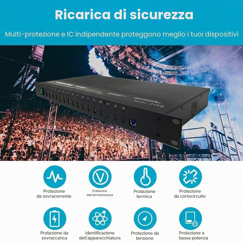 INFITRONIC - Porte USB 3.0 Hub16 USB IN19PLG002-19" con stazione di ricarica e sincronizzazione (1U Rack)