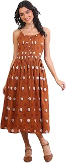 Aurelia Women's Orange Yarn Dyed A-Line Cotton Blend Dresses Price In India