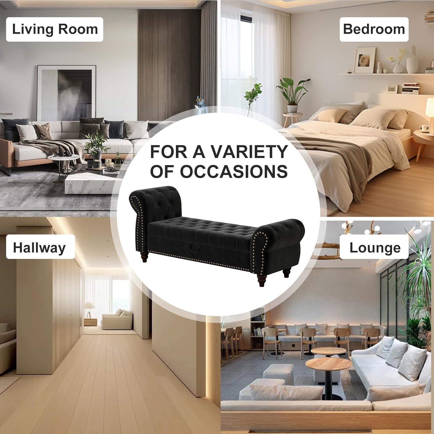 NIOIIKIT 64'' Velvet Upholstered Storage Ottoman Bench, Retro Modern Style with Rolled Armrest, Tufted End, Nailhead Trim, Black