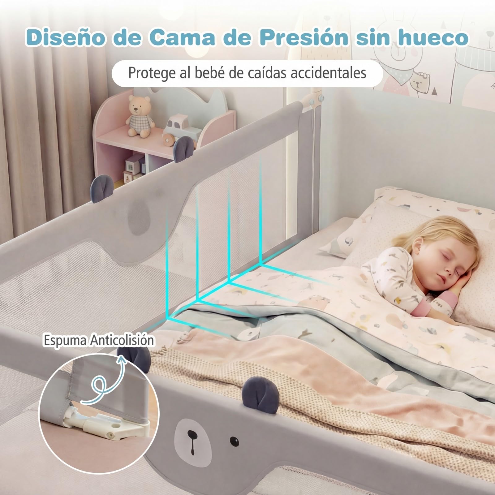COSTWAY 180 cm Barrera Seguridad Niños, Barrera Cama para Bebé con Cremallera, Altura Regulable 72,5-101,5 cm, Protector de Cama para Niños, Barandilla de Seguridad con Diseño Animado (Estilo 2)