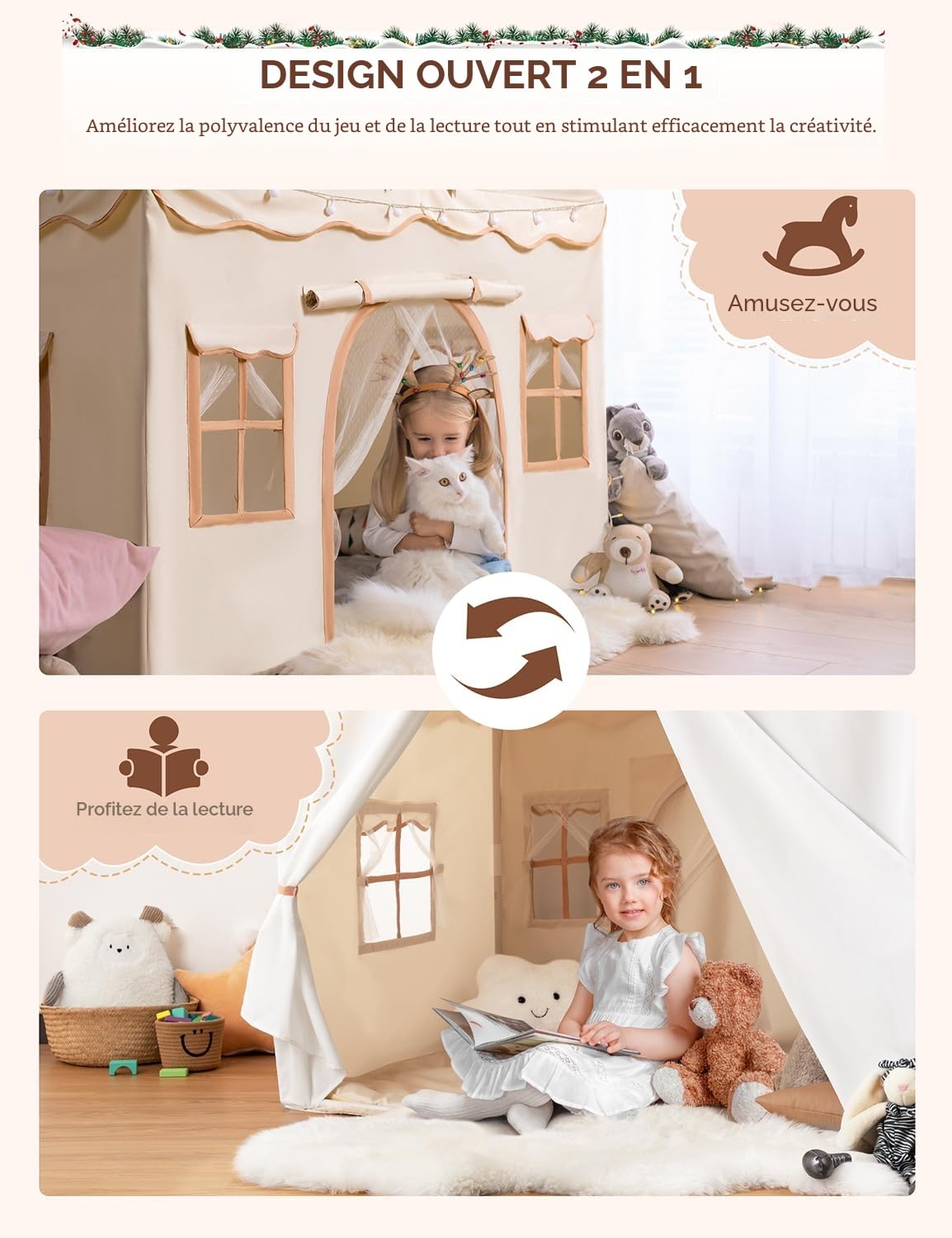 besrey Tente Enfant 2 en1, Cabane Enfant Intérieure avec Tapis Rembourré, Lumières et Drapeaux, Tente de Jeu pour Enfants Princesse, Idéal pour la Décoration de Chambre d'enfants et Fête, Beige