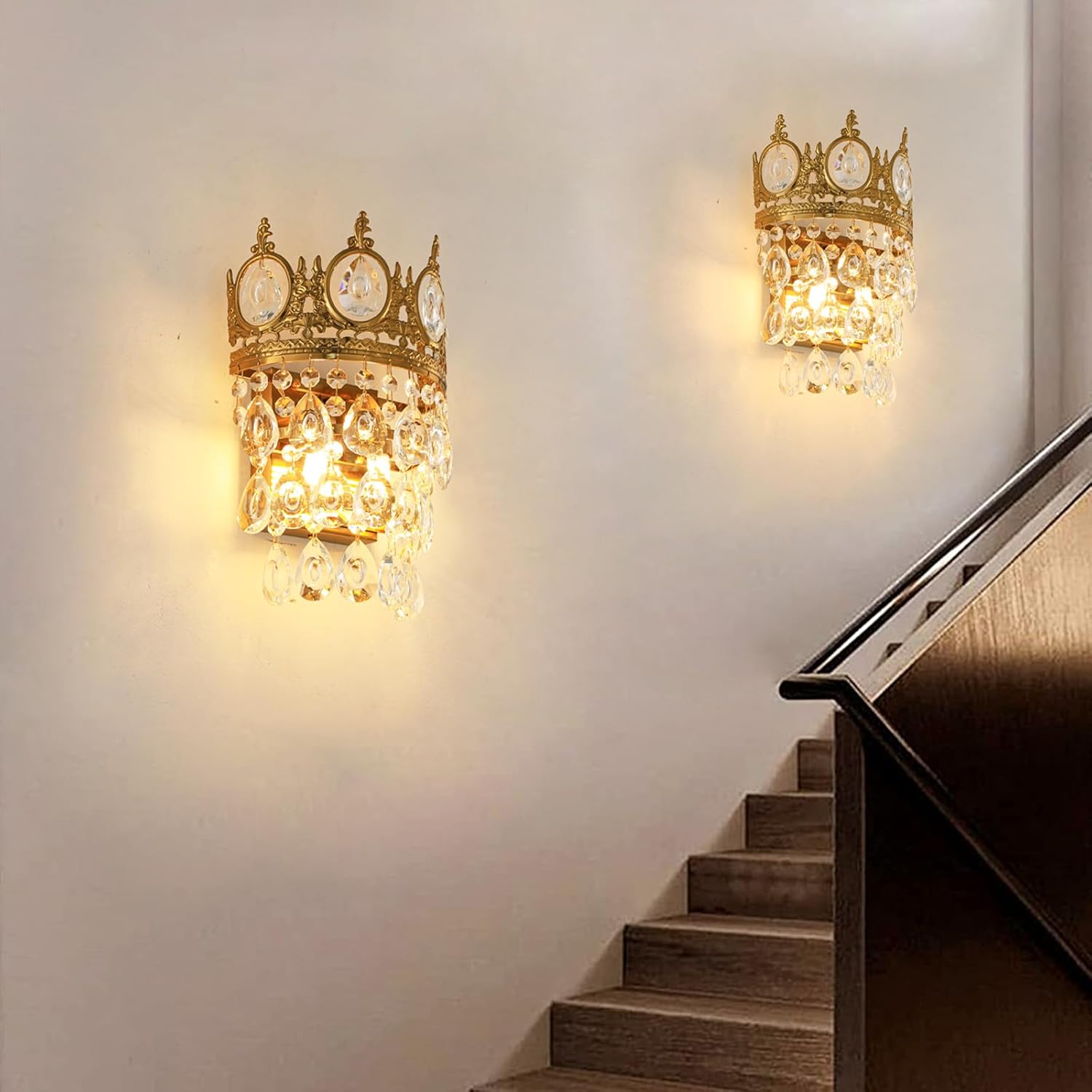 Glam Crystal Wall Sconces Gold Wall Light Empire Luxury Vanity Lighting for Bedroom Living Room Dining Room Wall Lighting Fixtures Set of 2
