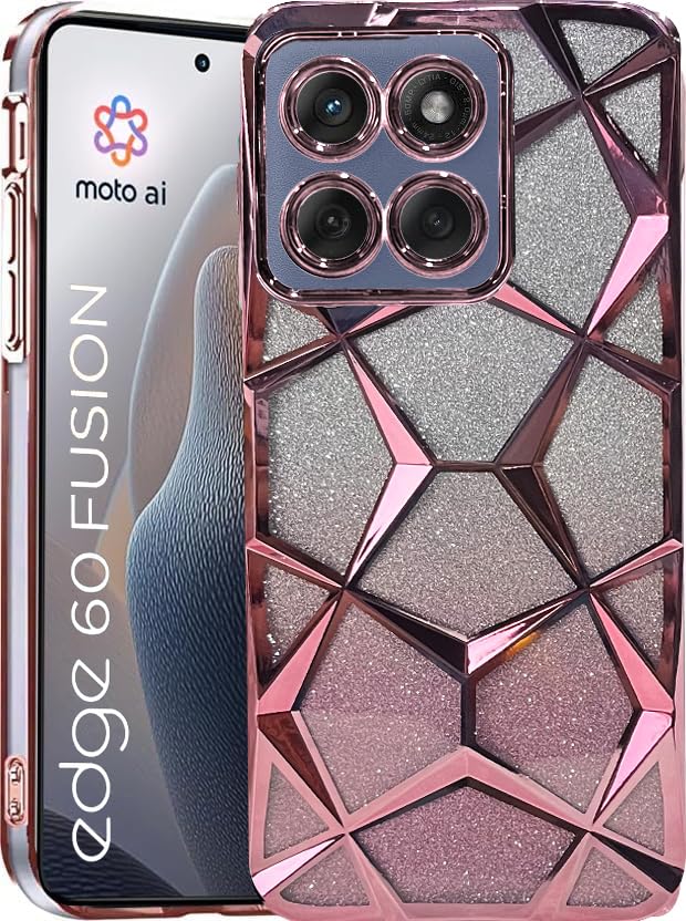 Image of VONZEE Gradient Glitter Case for Moto Edge 60 Fusion, Luxury Electroplated 3D Cube, Diamond Bling Shiny Soft TPU Clear Shockproof Women Girls Protective Phone Cover (Rose Gold)