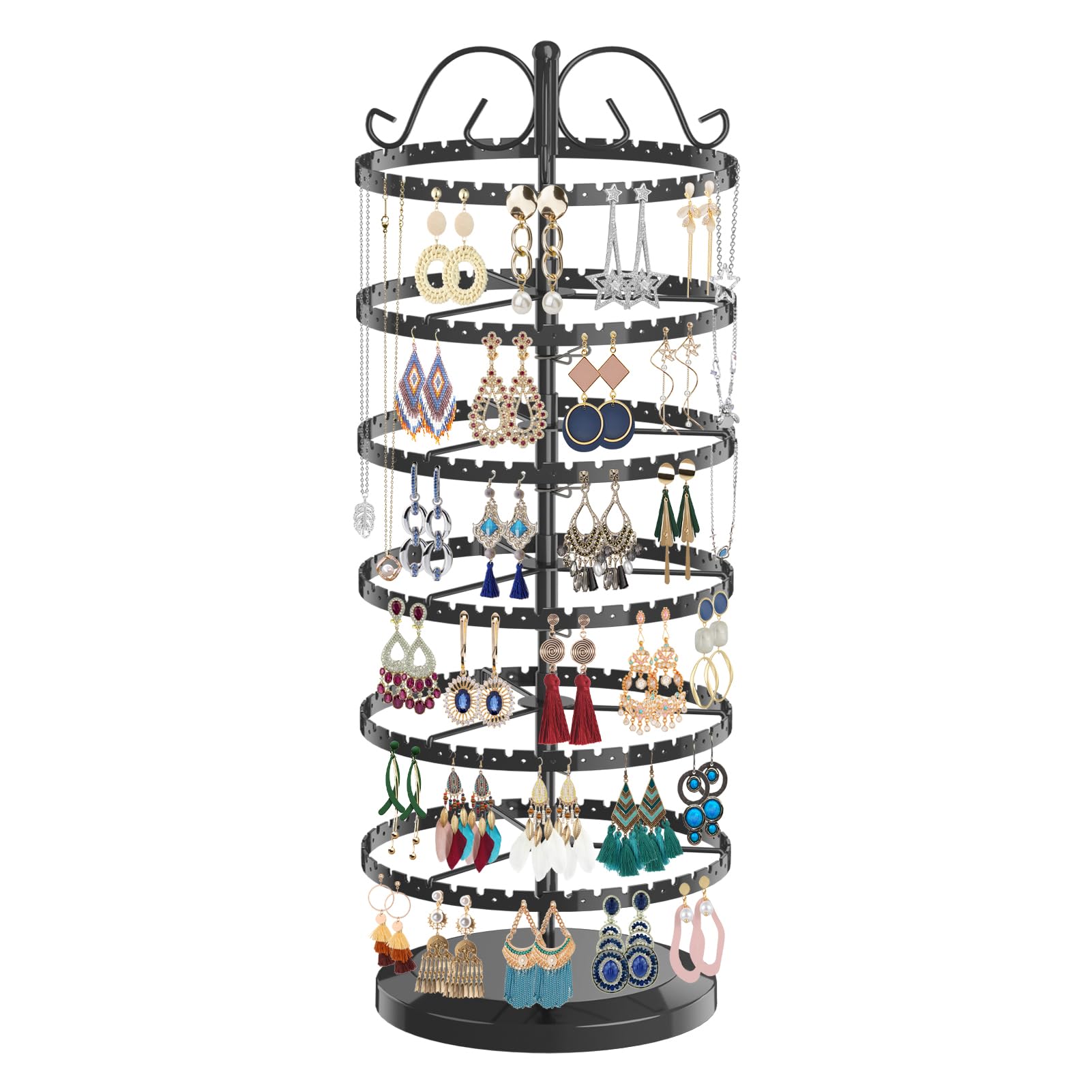 LASZOLA 6 Tier Rotating Earring Holder Organizer, Adjustable Metal Jewelry Display Stand for Women Girls, 480 Holes and Grooves Large Stud Earring Rack Tower Tree for Necklace Bracelet Ring (Black)
