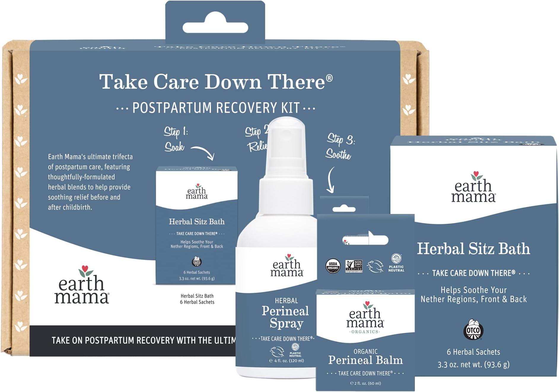 Postpartum Recovery Kit, Take Care Down There® Trifecta with Organic Perineal Balm, Sitz Bath & Herbal Peri Spray, 3-Piece Set