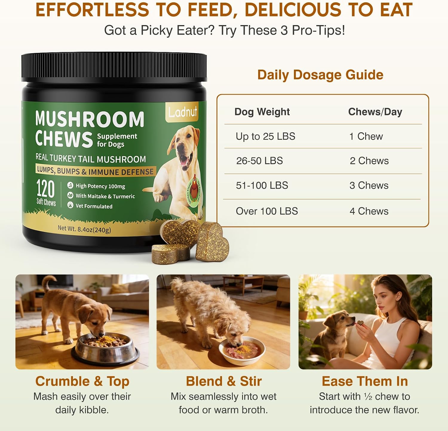 Turkey Tail Mushroom for Dogs,Senior Dog Supplement for Lumps, Bumps & Lipoma,Soft Chews with Reishi, Maitake, Turmeric & Astragalus,Supports Immune Health,Natural Chicken Flavor, 120 Count