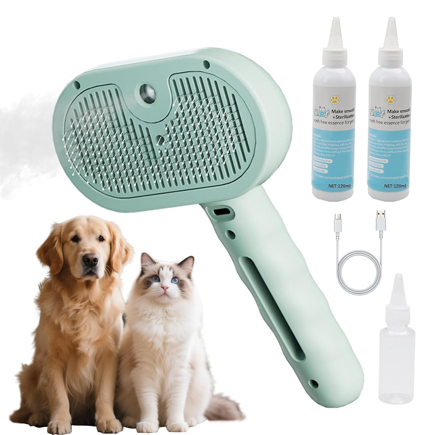 Pet Steam Brush for Dog & Cat,4-in-1 Spray Hair Removal Comb with Waterless Shampoo,Steam for Shedding & Grooming Water Brush for Long & Short Haired Pets Anti-Static & Skin-Friendly Design (Green)
