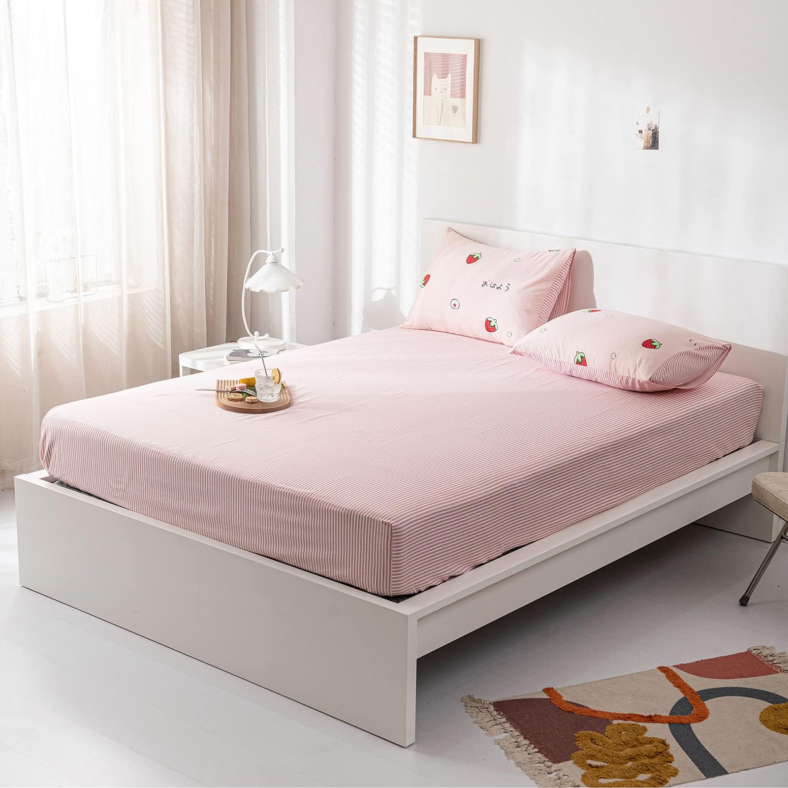 AOJIM Pure Cotton Printing Pinstripe Fitted Sheet, 1 Piece Twin Size 39"x75"with 15" Deep Pocket Design Patterns Pink/White Stripes Striola Mattress Cover for Kids/Adults