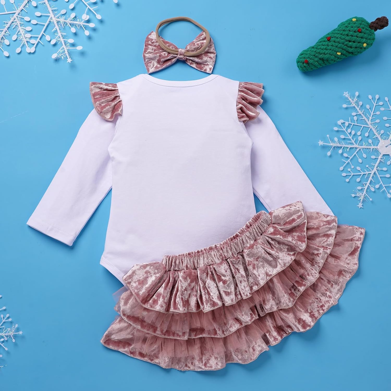 ODASDO Baby Girl Fall Winter 1st Birthday Cake Smash Outfit Cotton Long Sleeve Romper Velvet Skirt Headband Set - Image 3