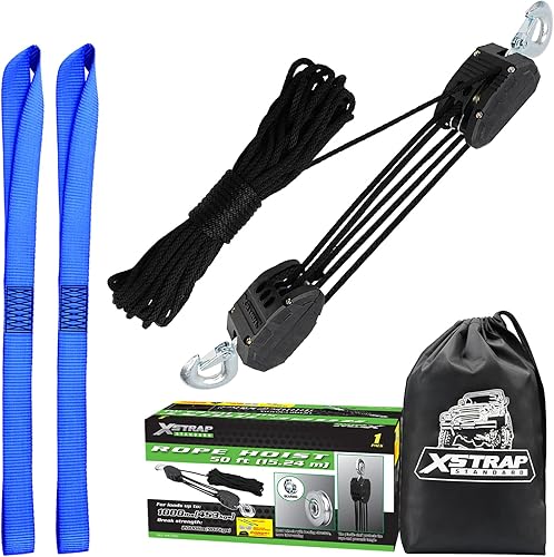 Miniatura 44 de XSTRAP - Polipasto para cuerda de 50 pies, 2,000 libras de resistencia a la rotura, para trabajos pesados Negro de 65 pies con eslinga de elevación