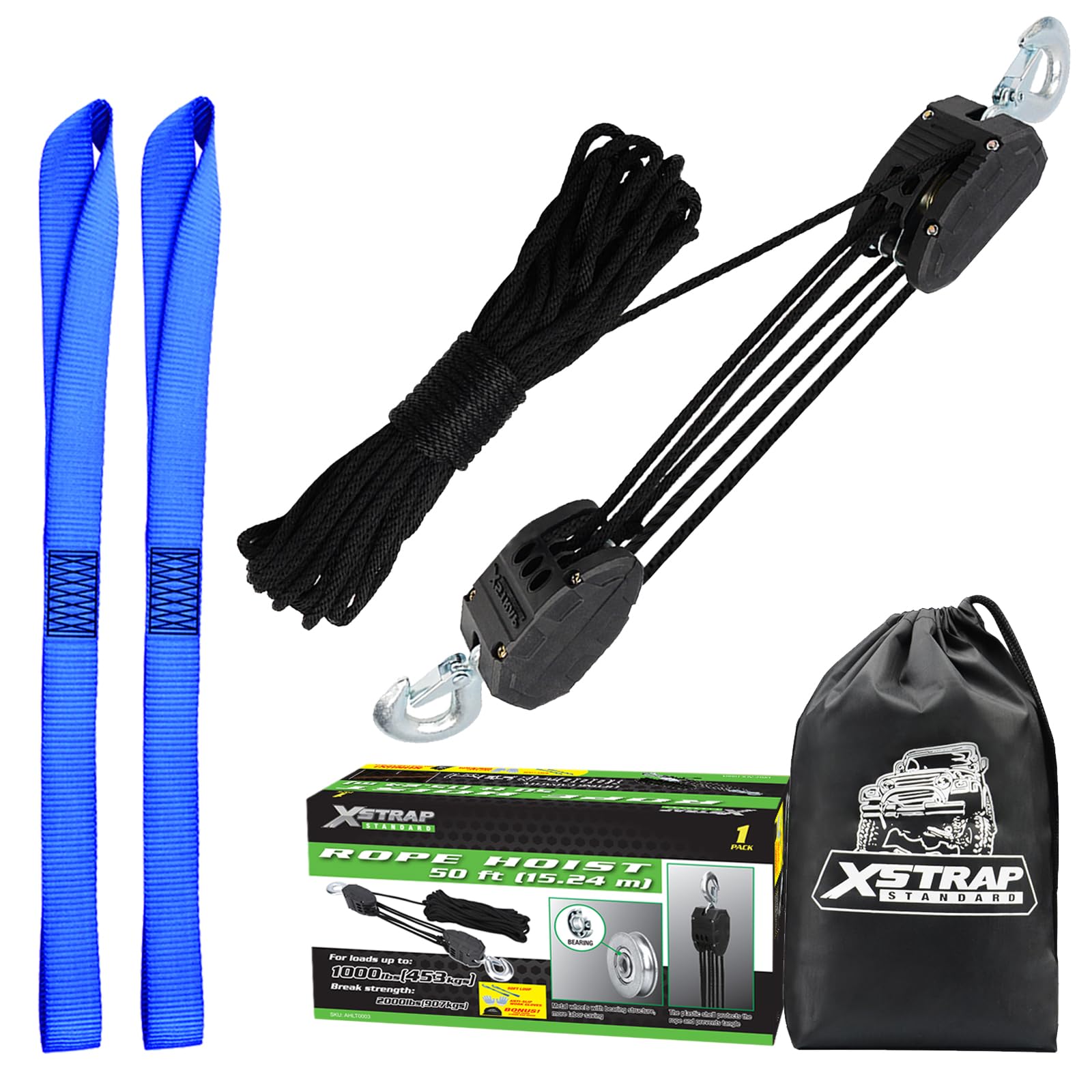 XSTRAP STANDARD Heavy-Duty 2,000LB 50 Feet Rope Hoist Pulley 1 Ton Wheel Block and Tackle System 5:1 Ratio Lifting Power with 2PK 18 Inch Soft Loops (Upgraded 50ft Black)