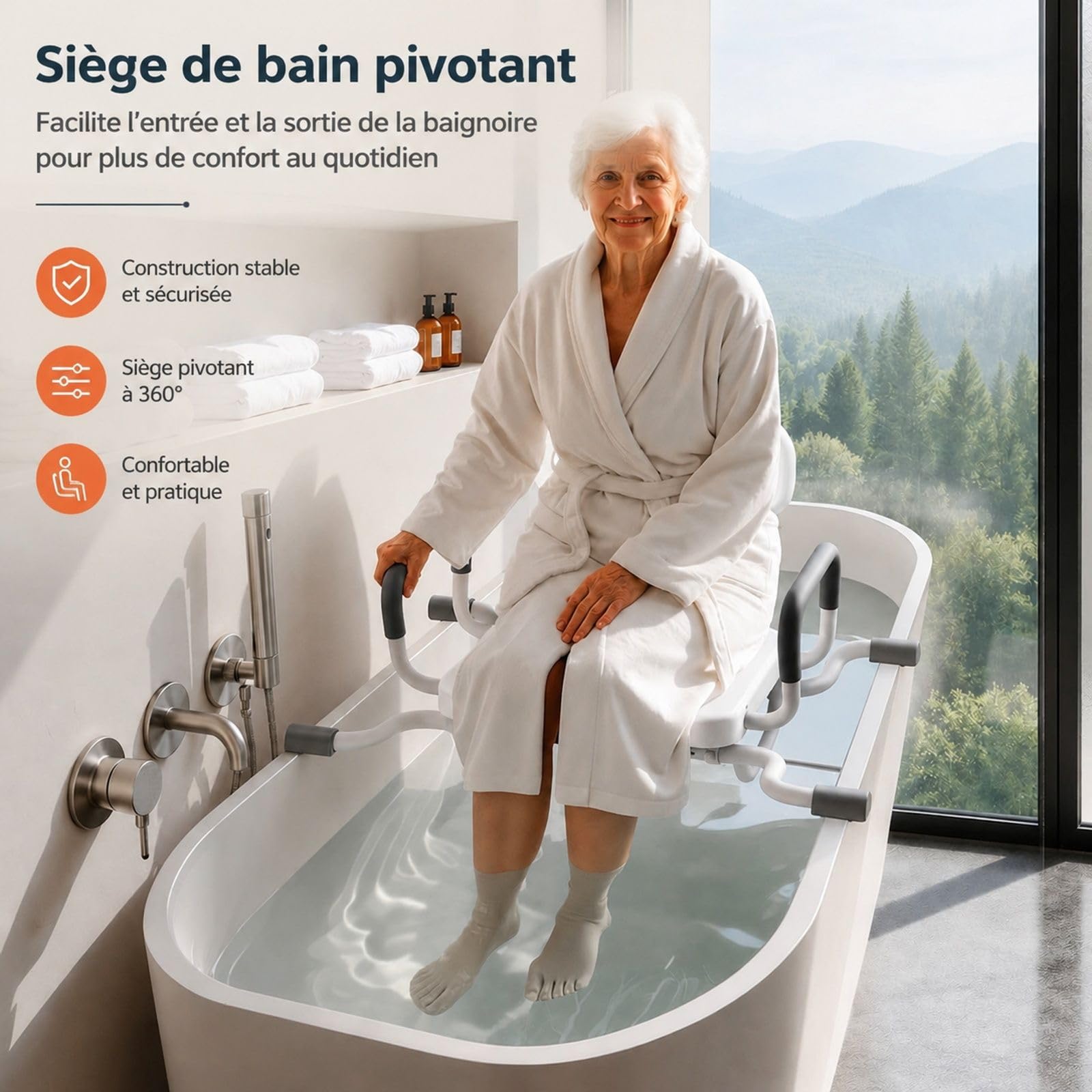 Siège de Baignoire pivotant, Banc de Transfert pour Baignoire avec Dossier et accoudoirs, Installation sur Baignoire, Chaise de Douche pour Salle de Bain