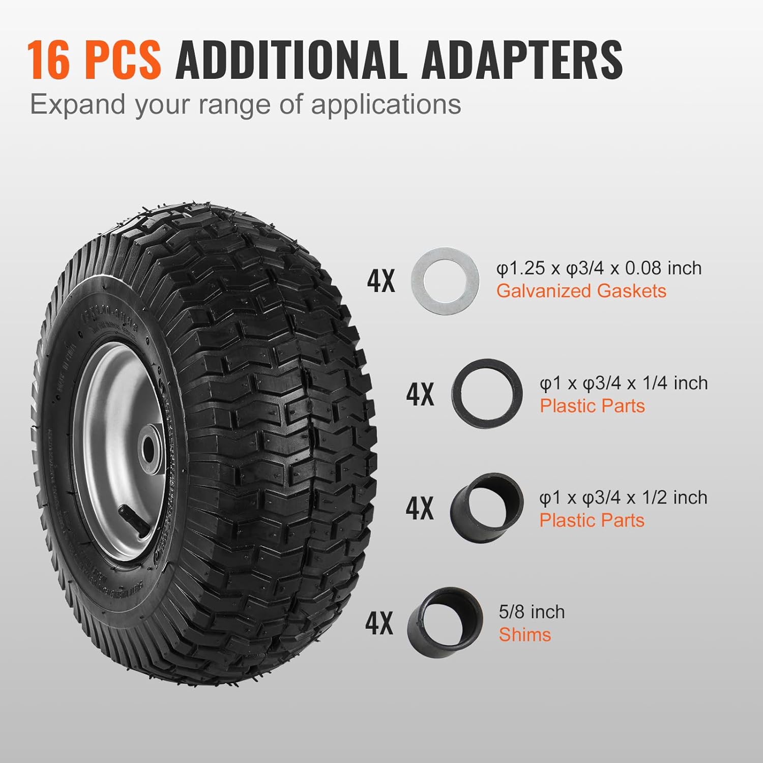 VEVOR Lawn Mower Tires, 15x6.00-6" Lawn Tractor Tires, 2-Pack Tire and Wheel Assemblies, Turf Pneumatic Tires with 3" Centered Hub and 3/4" Bushing Size, 16 PCS for Riding Mowers Lawn Tractors