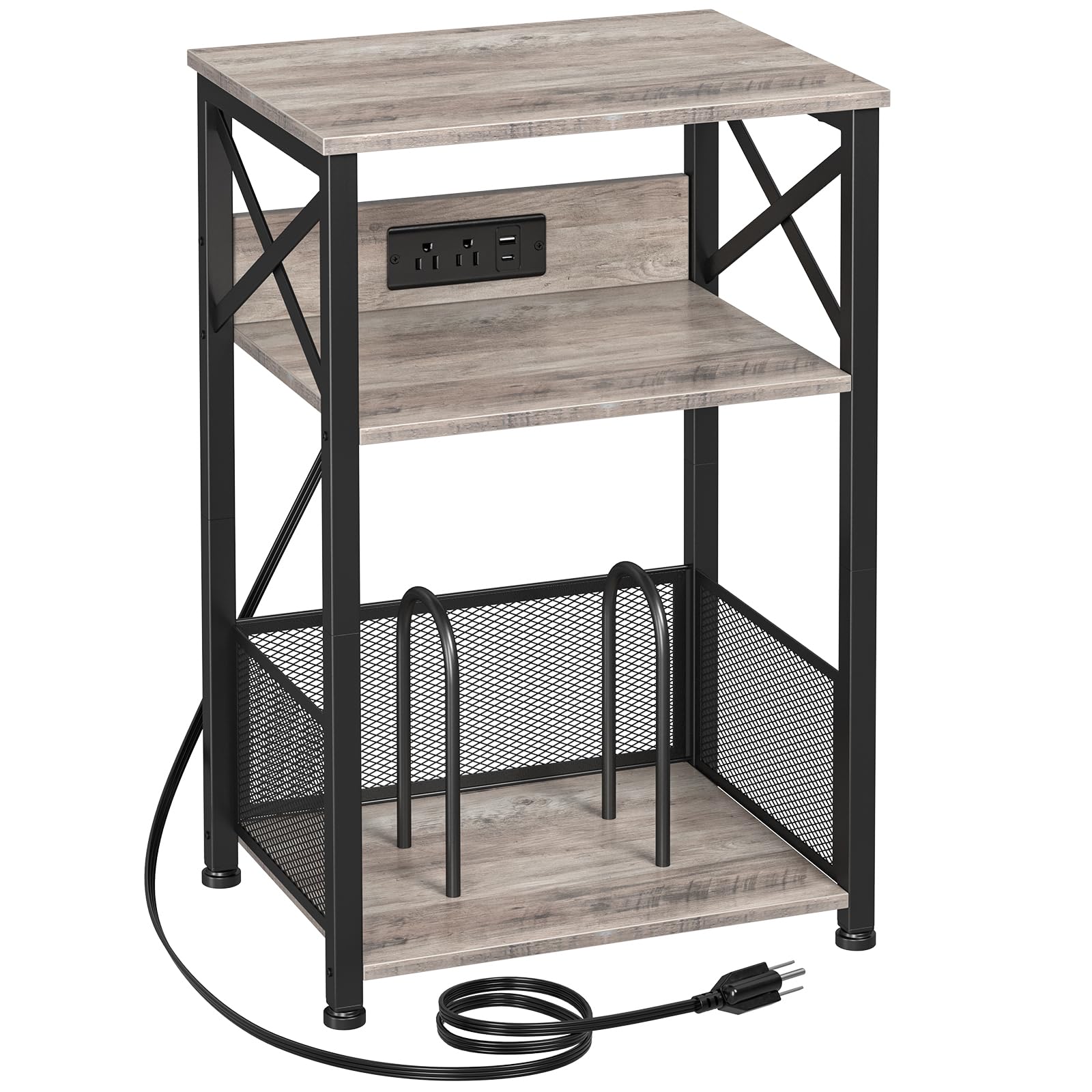 AMHANCIBLE Record Player Stand with Charging Station, Turntable Stand with Storage Cabinet, 3 Tier End Table Hold Up to 200 Albums, Record Stand for Vinyl, Living Room, Greige, HETCD01GY-1