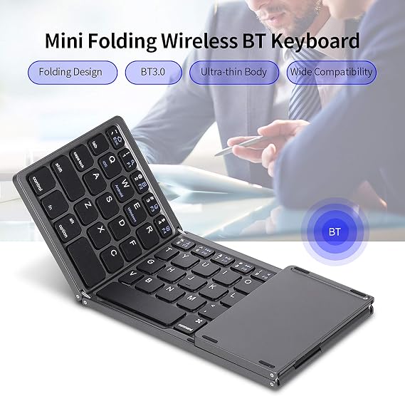 Wireless BT Keyboard - Folding, Touchpad, Portable Ultra Thin - Windows/Android/iOS Compatible - Silver