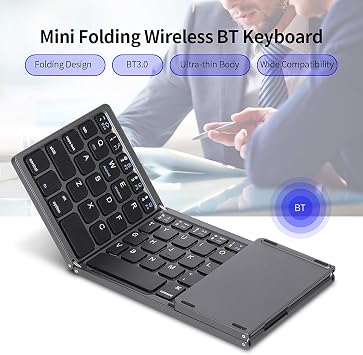 Wireless BT Keyboard - Folding, Touchpad, Portable Ultra Thin - Windows/Android/iOS Compatible - Silver