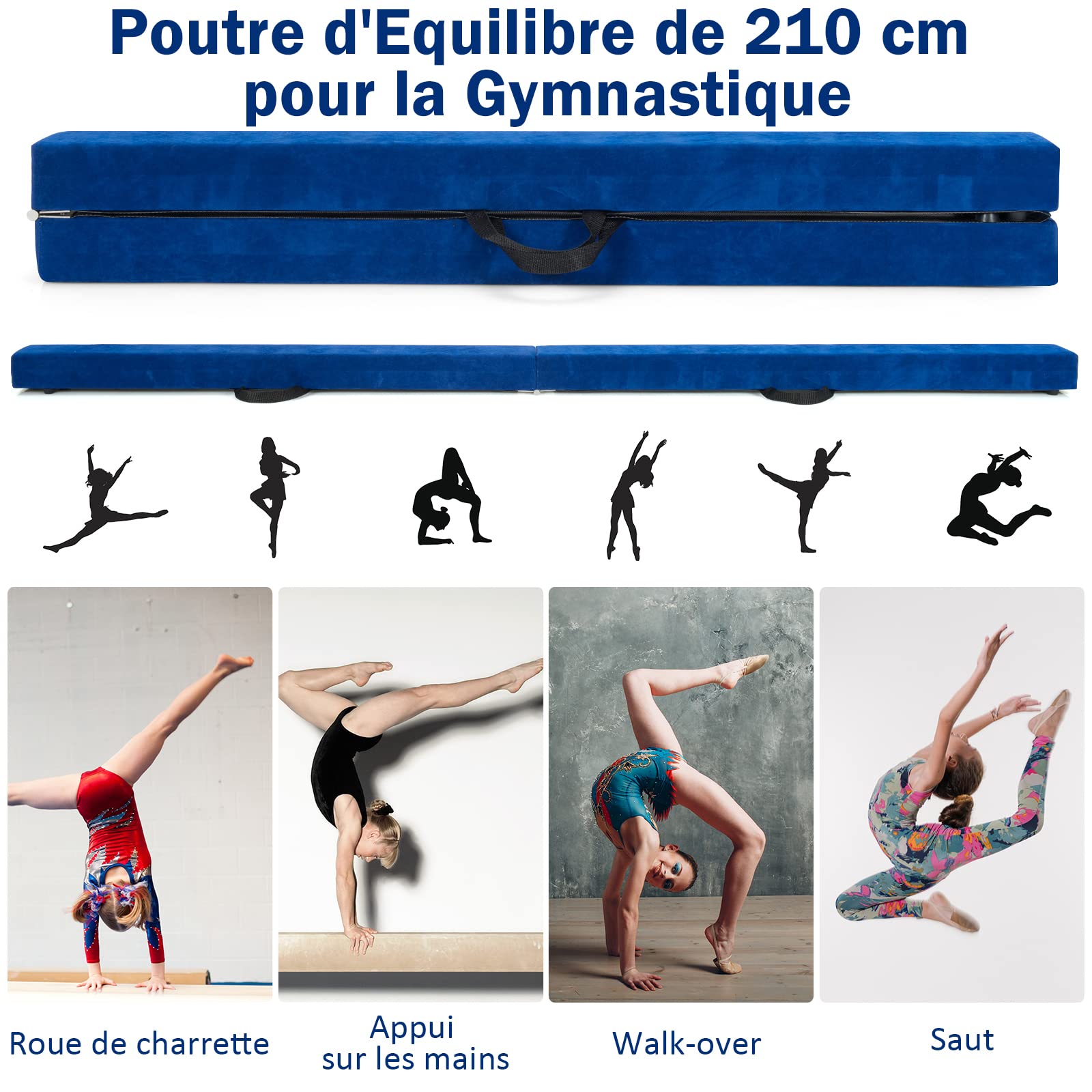 GYMAX Poutre Gymnastique pour Enfant, Poutre d'Équilibre Pliable 210CM, Portable, Robuste en Bois Massif, avec Patins Antidérapant & Surface Douce, Transport Facile, pour Danse/Fitness (Bleu)