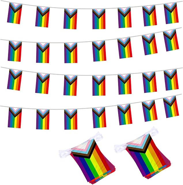 2Pcs Rainbow Gay Pride Bunting Banner, 26ft Progress Gay Pride String Flags, Rectangle Colorful Stripes for LGBT Festival Party Celebration Carnival Home Bars Indoor Outdoor
