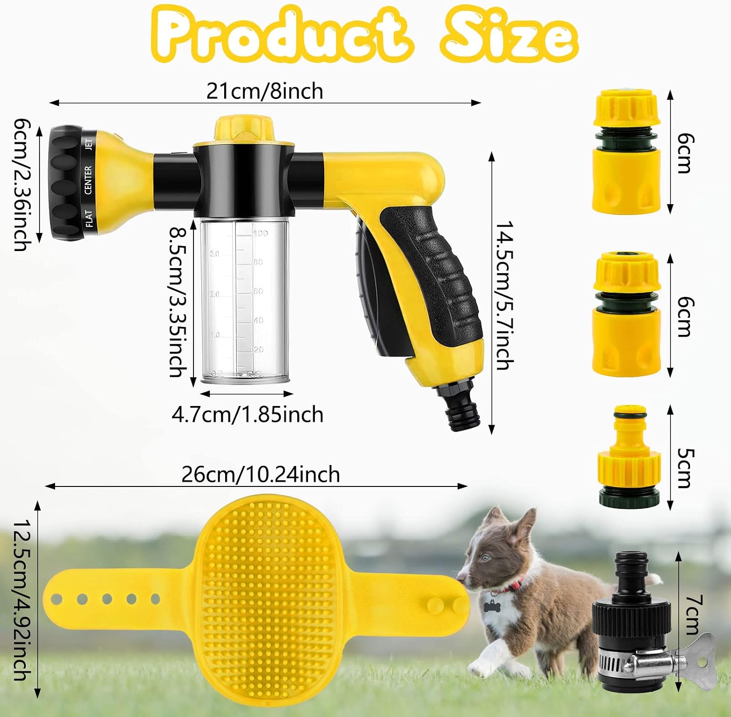 GINDOOR 6 Pieces Pet Bathing Tool Set Include Hose Spray Nozzle Livestock Foamer Soap Dispenser with Connectors and Dog Rubber Comb Brush, Dog Bathing Sprayer for Pets Showering