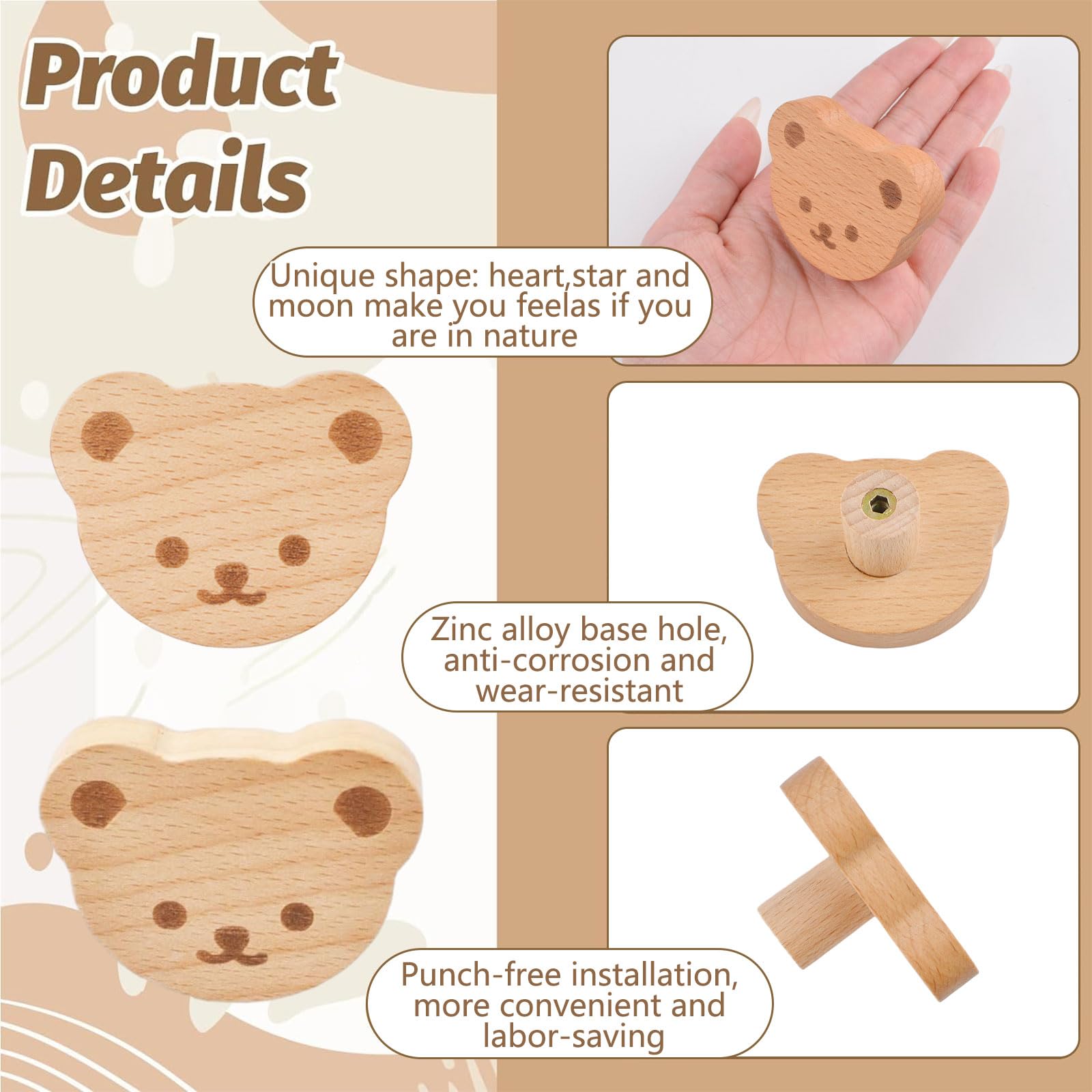 MOROBOR 6PCS Bear Shaped Wooden Knobs Single Hole Beech Wood Handles Wood Cupboard Cabinet Handles Knobs for Chest of Drawers with Screws& Expansion Tube - Image 4
