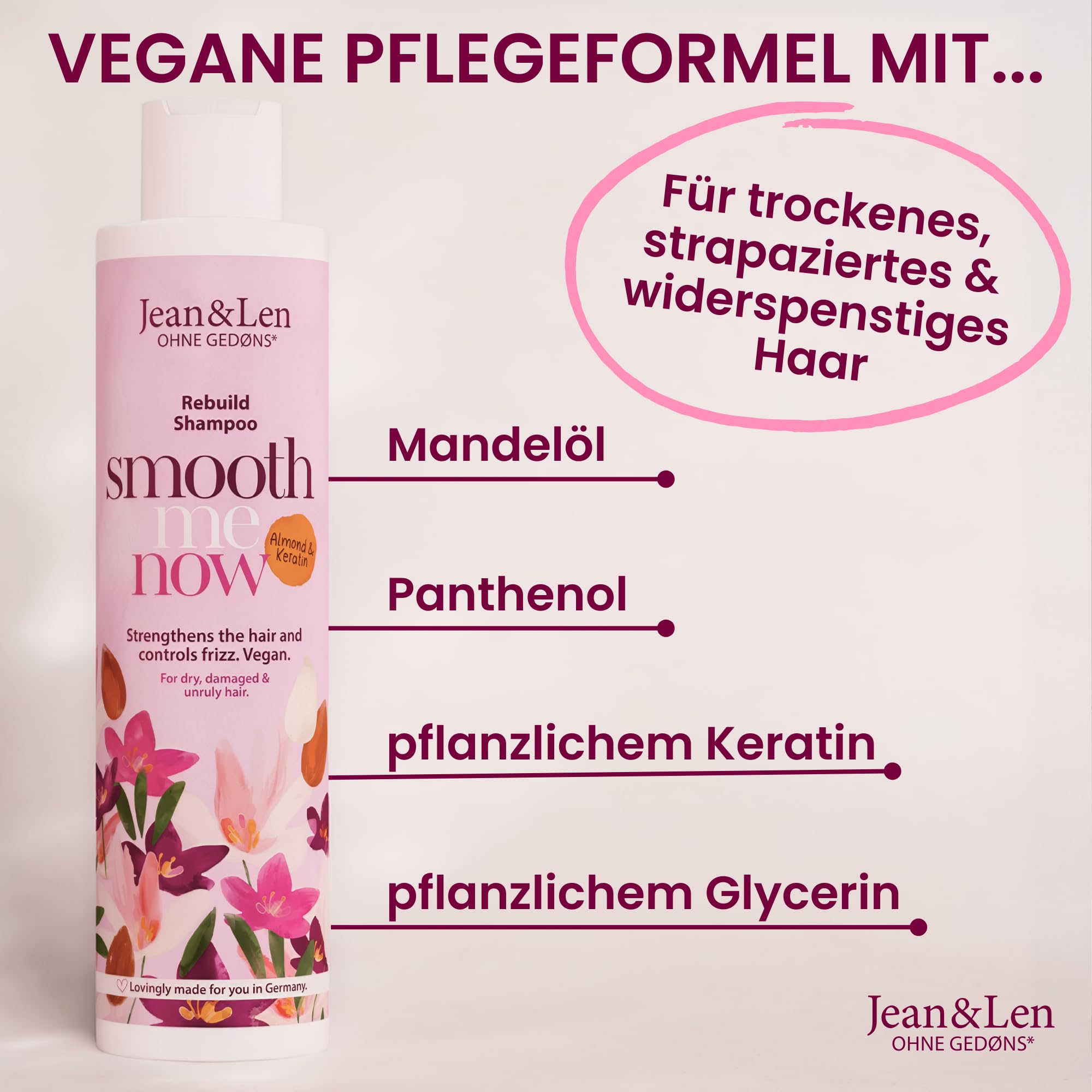 Jean & Len Rebuild Shampoo Almond & Keratin, for damaged hair protects against breakage and split ends, tames frizz - Image 2