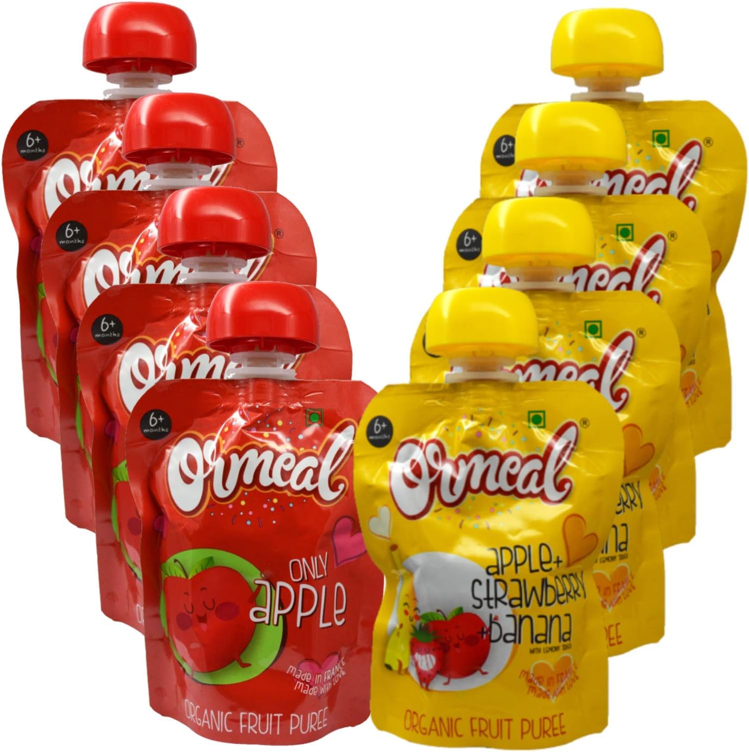 Ormeal Oragnic Baby Food Fruit Puree Combo Pack of 8 | Apple and Mix Fruit | EU Certfied | 6+ Months Baby