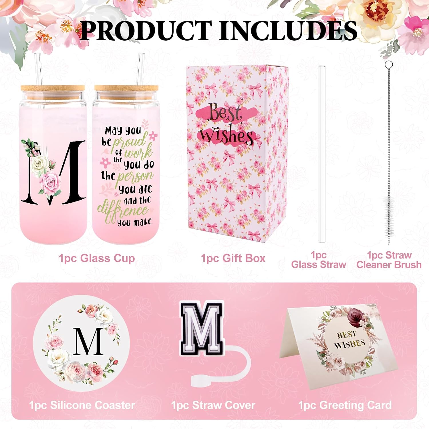 Initial Glass Cups with Lids and Straws, Personalized Gifts for Women, Iced Coffee Cup Glass Tumbler, Birthday Bridesmaid Proposal Inspirational Customized Gifts for Her Girls (M) - Image 4
