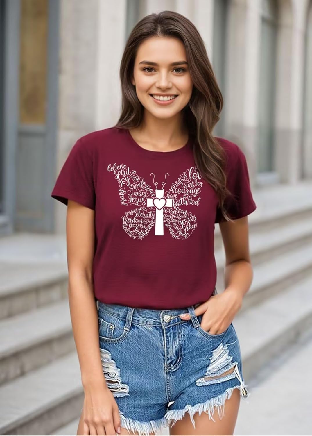 Women Christian T Shirts Vintage Butterfly Graphic Short Sleeve Jesus Tee Tops - Image 2