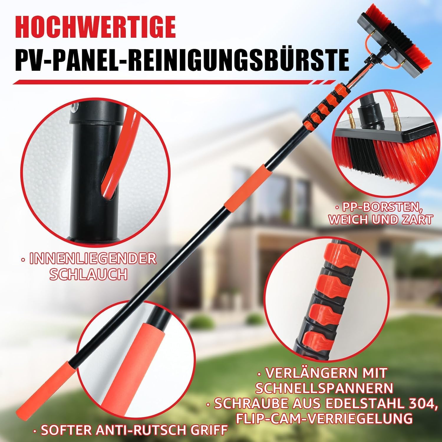 XDOVET 7.2M Brosse Telescopique Toiture,Perche Nettoyage Toiture,Manche Telescopique 7.2m avec Raccord d'eau,Perche Telescopique Nettoyage Panneaux Solaires,Balai Brosse Telescopique 1pcs