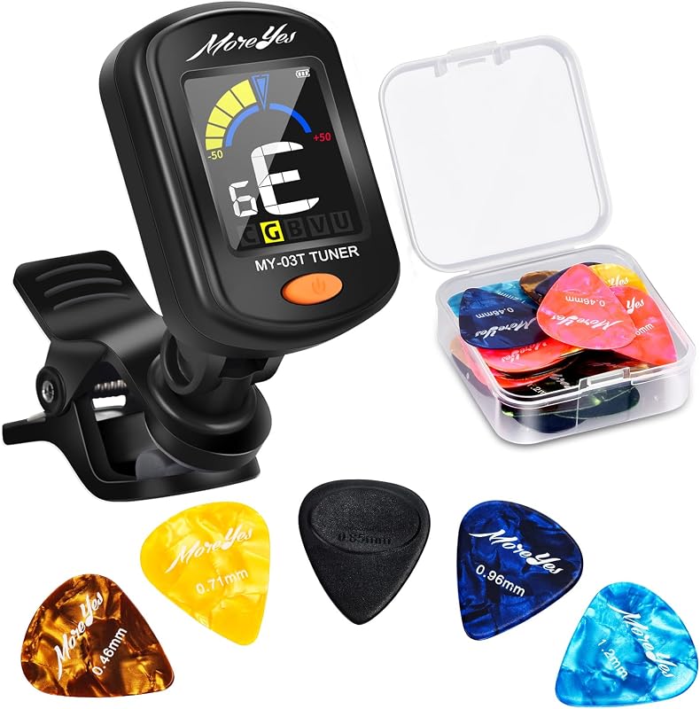 Rechargeable Guitar Tuner Clip On with 28PcsGuitar Picks, Guitar Tuner for Acoustic Guitar,Electric Guitar, Bass, Ukulele & ChromaticTuning Modes, Full Color Display