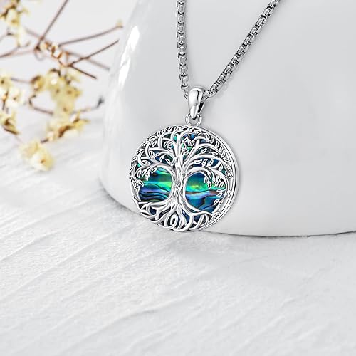 Vista 2 de Collar de árbol de la vida de plata de ley con colgante de árbol de concha de abulón con corazón para mujer, regalo del día de la madre